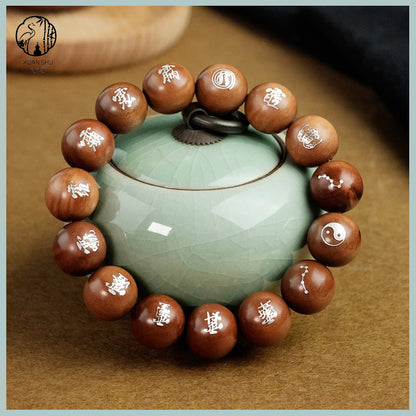Zao Wood & Sandalwood Inlaid Silver Zi Wei Hui Bagua Bracelet – Taoist Protection, Feng Shui Energy Balance, Spiritual Harmony