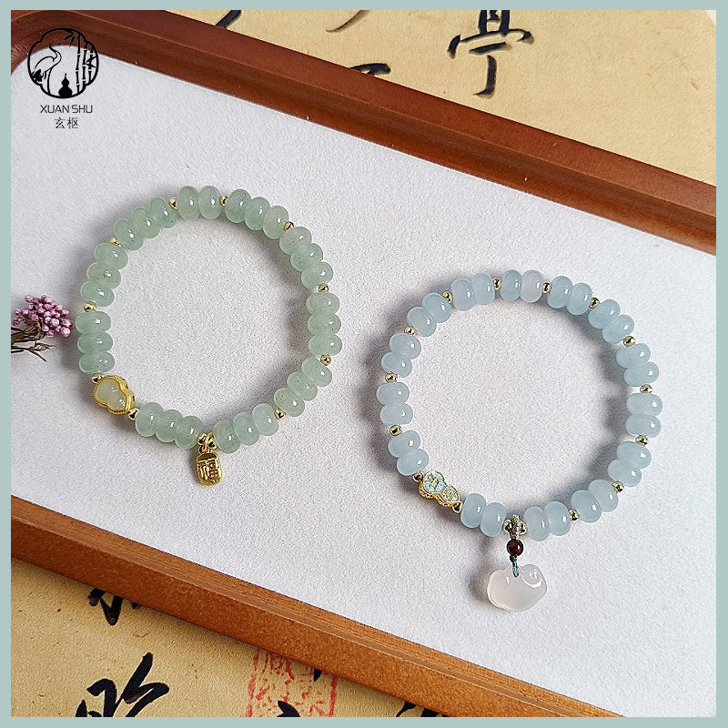 Natural Aventurine Abacus Beads with Aquamarine & Agate Ruyi Pendant Bracelet – Wealth & Prosperity
