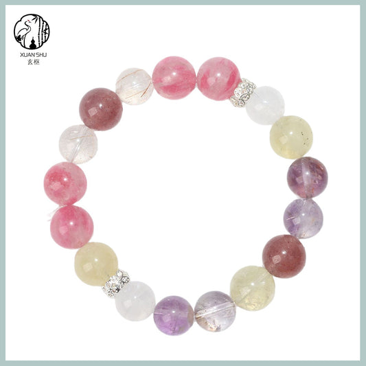 Strawberry Quartz & White Phantom Round Beads Multi-Gem Crystal Bracelet – Healing, Love & Prosperity Energy