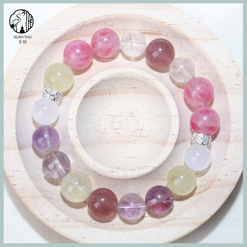 Strawberry Quartz & White Phantom Round Beads Multi-Gem Crystal Bracelet – Healing, Love & Prosperity Energy