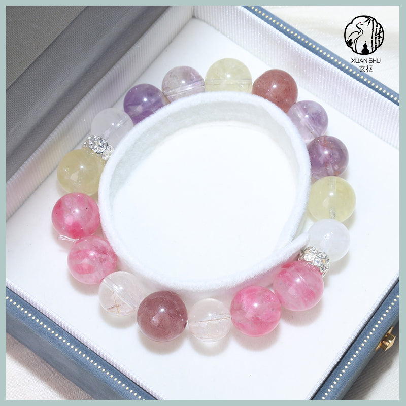Strawberry Quartz & White Phantom Round Beads Multi-Gem Crystal Bracelet – Healing, Love & Prosperity Energy