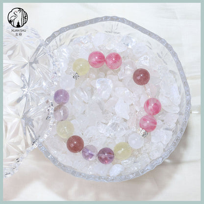 Strawberry Quartz & White Phantom Round Beads Multi-Gem Crystal Bracelet – Healing, Love & Prosperity Energy