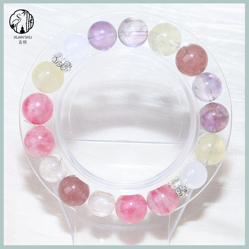 Strawberry Quartz & White Phantom Round Beads Multi-Gem Crystal Bracelet – Healing, Love & Prosperity Energy