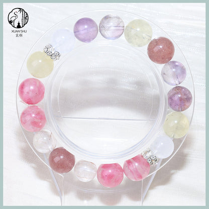 Strawberry Quartz & White Phantom Round Beads Multi-Gem Crystal Bracelet – Healing, Love & Prosperity Energy