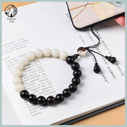 Daoist White Jade Mixed Yuan Beads Tai Chi Yin Yang Black Obsidian Bagua Bracelet – Spiritual Harmony & Balance