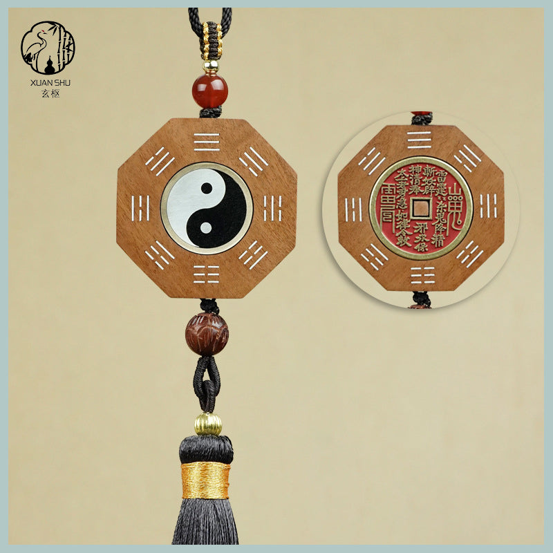Zao Wood / Sandalwood Inlaid Silver Tai Chi Rotating Bagua Wufu Plaque Pendant& Feng Shui Car Rearview Mirror Ornament - Enhance Energy and Balance