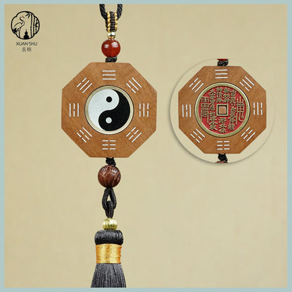 Zao Wood / Sandalwood Inlaid Silver Tai Chi Rotating Bagua Wufu Plaque Pendant& Feng Shui Car Rearview Mirror Ornament - Enhance Energy and Balance