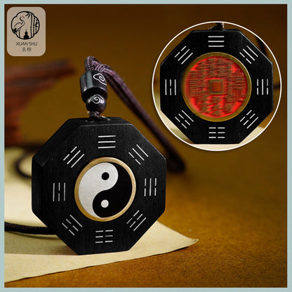 Zao Wood Taiji Bagua Rotating Handpiece Pendant with Silver Inlay - Feng Shui Charm for Spiritual Balance and Protection