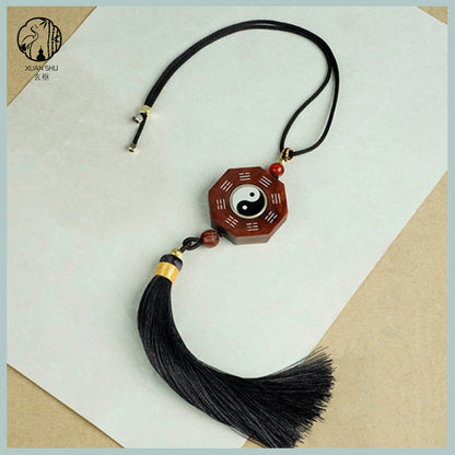 Zao Wood / Sandalwood Inlaid Silver Tai Chi Rotating Bagua Wufu Plaque Pendant& Feng Shui Car Rearview Mirror Ornament - Enhance Energy and Balance