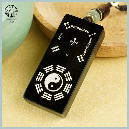 Purple Sandalwood & Black Ebony Inlaid Silver Taiji Nan Luo Shu He Tu Keychain Pendant –spiritual protection balance and prosperity