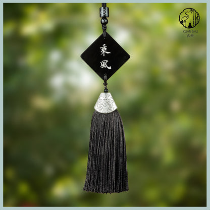 Purple Sandalwood Inlaid Silver Fengshen Pendant – Peace and Joy Car Rearview Mirror Decoration with Silver Tassel for Good Luck