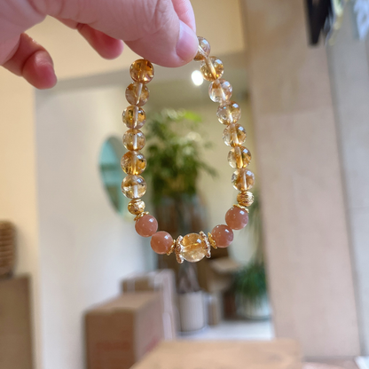 Natural Yellow Citrine Sunstone Orange Moonstone Crystal Bracelet – Abundance & Healing Energy