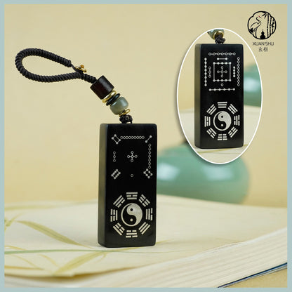 Purple Sandalwood & Black Ebony Inlaid Silver Taiji Nan Luo Shu He Tu Keychain Pendant –spiritual protection balance and prosperity