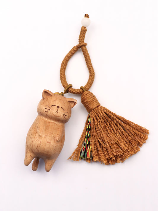Walnut Wood Lazy Cat Keychain - Hand-Carved Cute Cat Bag Charm with Tassel