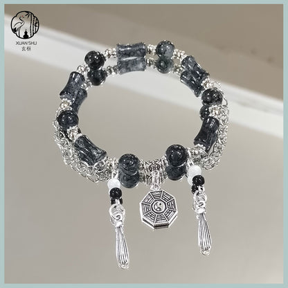 Ink Bamboo Segment Glass Bead Taiji Bagua Bracelet - Protection & Good Luck