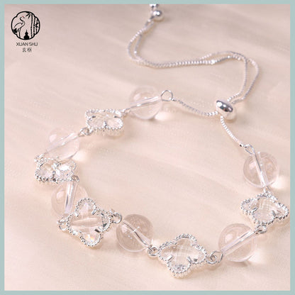 White Quartz Four-Leaf Clover Bracelet – Feng Shui Luck & Prosperity Jewelry