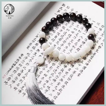 Daoist White Jade Mixed Yuan Beads Tai Chi Yin Yang Black Obsidian Bagua Bracelet – Spiritual Harmony & Balance