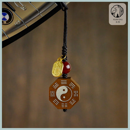 Zao Wood Inlaid Silver Bagua Taiji Pendant Mobile Chain Necklace - Taoist Spiritual Protection & Feng Shui Charm