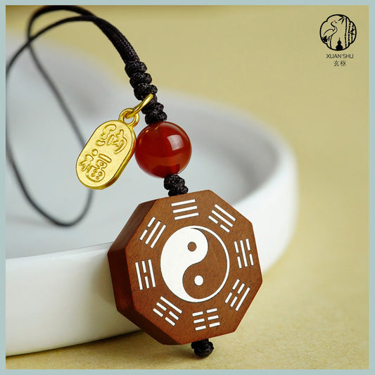 Zao Wood Inlaid Silver Bagua Taiji Pendant Mobile Chain Necklace - Taoist Spiritual Protection & Feng Shui Charm