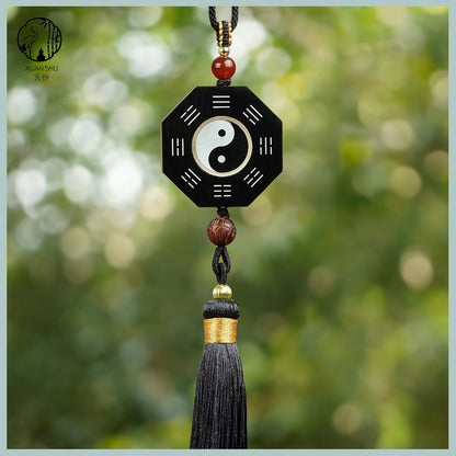 Zao Wood / Sandalwood Inlaid Silver Tai Chi Rotating Bagua Wufu Plaque Pendant& Feng Shui Car Rearview Mirror Ornament - Enhance Energy and Balance