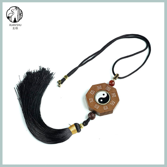 Zao Wood / Sandalwood Inlaid Silver Tai Chi Rotating Bagua Wufu Plaque Pendant& Feng Shui Car Rearview Mirror Ornament - Enhance Energy and Balance