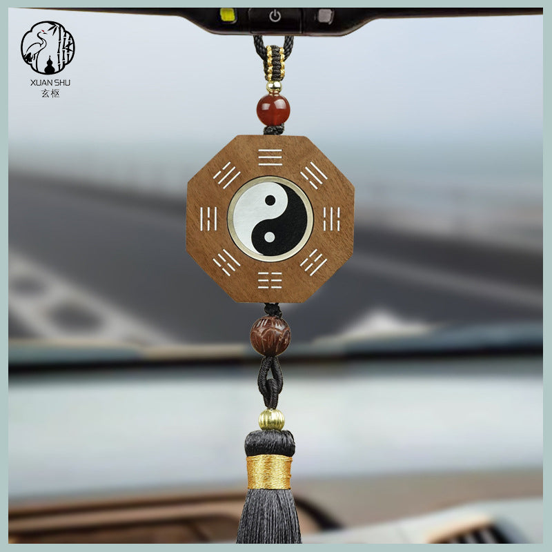 Zao Wood / Sandalwood Inlaid Silver Tai Chi Rotating Bagua Wufu Plaque Pendant& Feng Shui Car Rearview Mirror Ornament - Enhance Energy and Balance