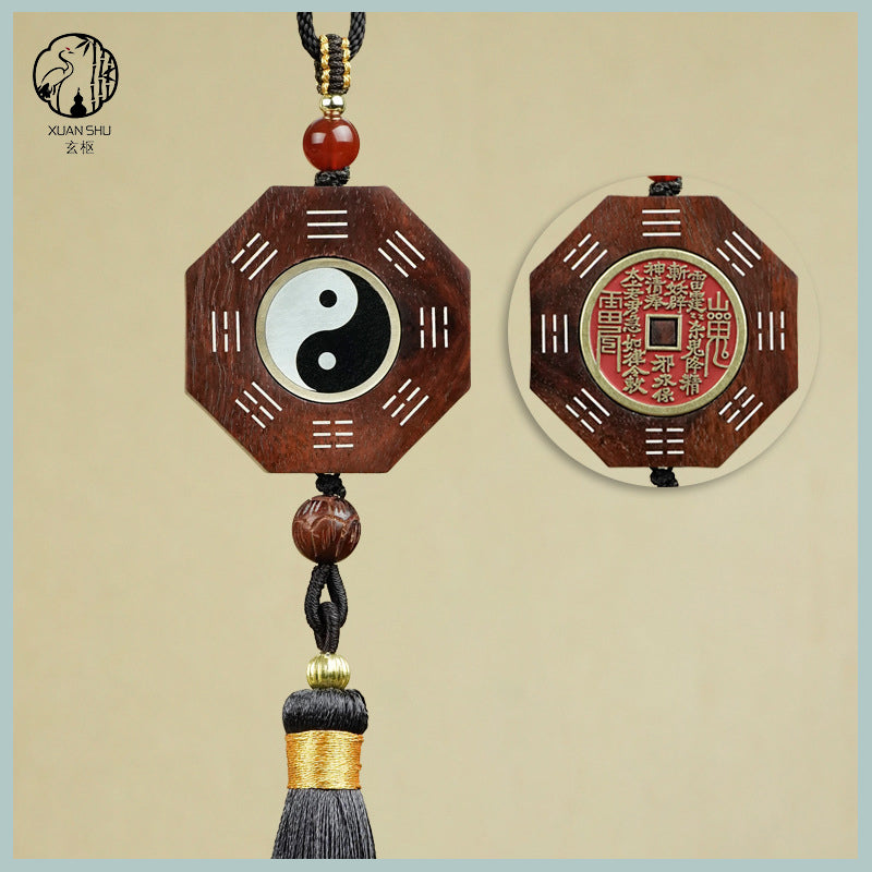 Zao Wood / Sandalwood Inlaid Silver Tai Chi Rotating Bagua Wufu Plaque Pendant& Feng Shui Car Rearview Mirror Ornament - Enhance Energy and Balance