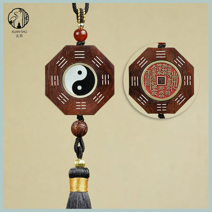 Zao Wood / Sandalwood Inlaid Silver Tai Chi Rotating Bagua Wufu Plaque Pendant& Feng Shui Car Rearview Mirror Ornament - Enhance Energy and Balance