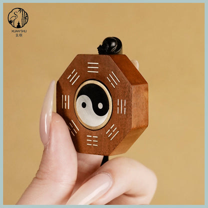 Zao Wood Taiji Bagua Rotating Handpiece Pendant with Silver Inlay - Feng Shui Charm for Spiritual Balance and Protection