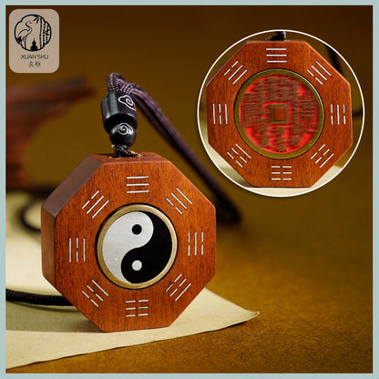 Zao Wood Taiji Bagua Rotating Handpiece Pendant with Silver Inlay - Feng Shui Charm for Spiritual Balance and Protection
