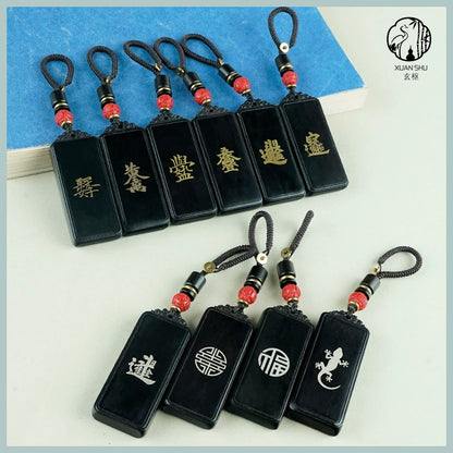 Zodiac Keychain Pendant – Black Ebony with Silver Inlay Protective Amulet Keyring | Feng Shui Worry-Free Talisman Keychain
